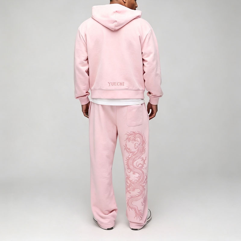 Custom Dragon Embroidery Chenille Patchwork Pink French Terry Regular Drawstring 2 Pieces Casual Autumn Men's Heavyweight