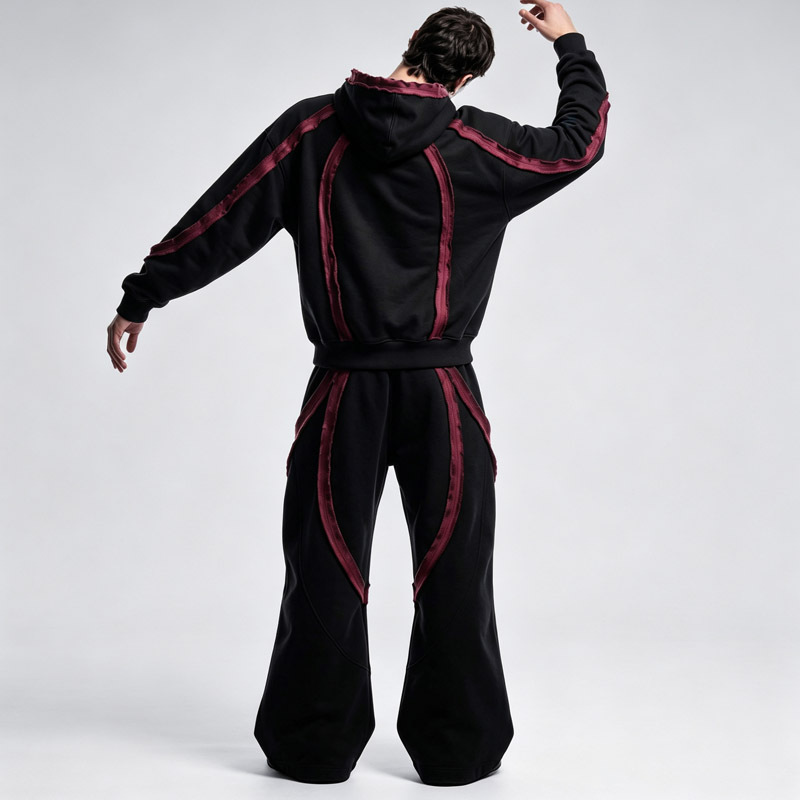 Custom Men's Black Burgundy Contrast Jersey Knit Tracksuit Deconstructed Raw Edge Full Zip Hoodie Embroidery Wide Leg Pants