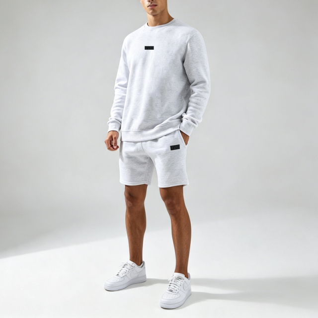 Custom Applique Embroidery Crewneck Pullover Regular Fit Light Heather Grey 2-Piece Cotton Fleece Men's Winter Streetwear Casual