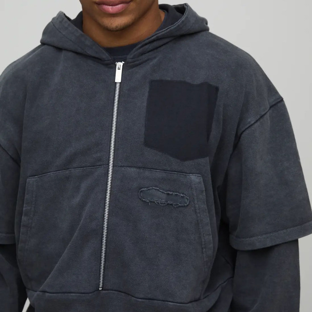 Custom Men's Oversized Boxy Washed Lived-in French Terry Fake Layer Zip up Hoodie Wide Leg Tracksuit Vintage Streetwear