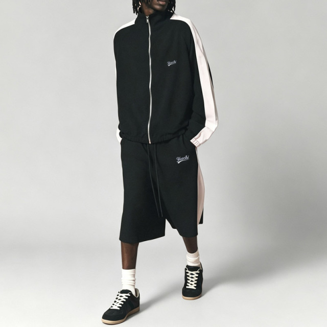 Men Stand Collar Full Zip Jacket & Wide Leg 3/4 short Tracksuit Color Blocking Embroidery Heavyweight Oversized Streetwear