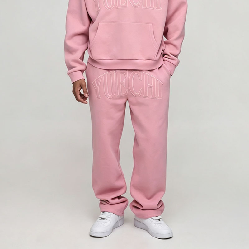 Custom Chenille Embroidery 2 Pieces Pullover Hoodie Wide Leg Pants Pink French Terry Cotton Men's Heavyweight Tracksuit Set