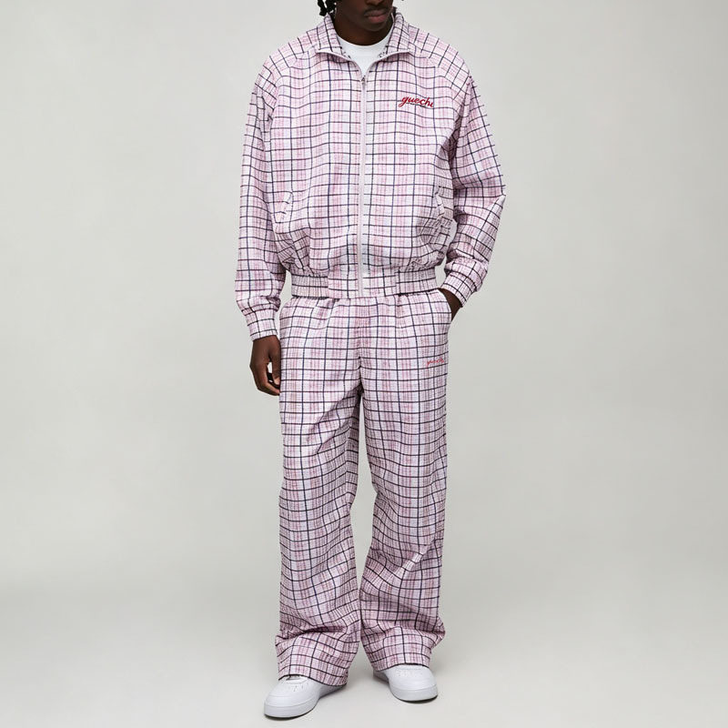 Custom Sets Wholesale Manufacturer Checkered Zip Front 2 Pieces Relaxed Fit Pink White Cotton Men's pink Retro Tracksuit,Leading Custom Apparel Manufacturer | Your Trusted China Sourcing Partner | YC/YUECHI,Custom Wholesale Manufacturer Checkered Zip Front 2 Pieces Relaxed Fit Pink White Cotton Men's pink Retro Tracksuit