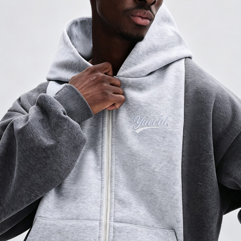 Men Color Block Fleece Lined Tracksuit Cropped Full Zip Hoodie Wide Leg Sweatpants Grey Embroidery Oversize Streetwear Casual