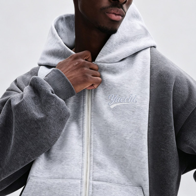 Men Color Block Fleece Lined Tracksuit Cropped Full Zip Hoodie Wide Leg Sweatpants Grey Embroidery Oversize Streetwear Casual