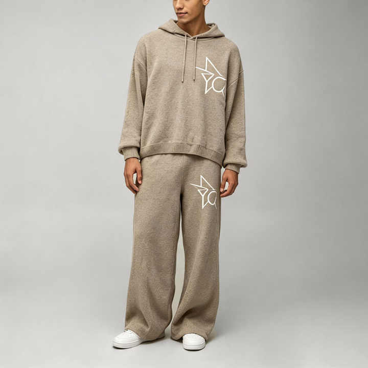 Custom Made Boucle Knit 2 Pieces Boxy Fit Wide Leg Screen Printing Pullover Hooded Streetwear Men's Casual Tracksuit Set