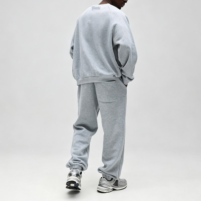 Men Heather Grey Fleece Lined Tracksuit Raglan Sleeve Crew Neck Sweatshirt Cuffed Jogger Pants Embroidered Casual Streetwear