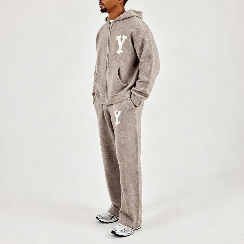 Men Oversized Full Zip Knit Hoodie Straight Leg Knit Sweatpants 2 Piece Set Jacquard Recycled Polyester Streetwear Tracksuit