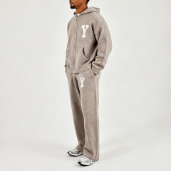 Men Oversized Full Zip Knit Hoodie Straight Leg Knit Sweatpants 2 Piece Set Jacquard Recycled Polyester Streetwear Tracksuit