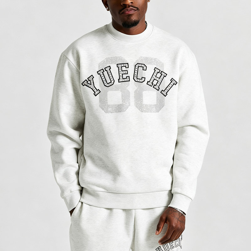 Custom Men Crew Neck Tracksuit 100% Cotton Fleece Rhinestone DTG Printing Embroidery Sweatshirt Jogger Sports Two Piece Set