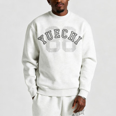 Custom Men Crew Neck Tracksuit 100% Cotton Fleece Rhinestone DTG Printing Embroidery Sweatshirt Jogger Sports Two Piece Set