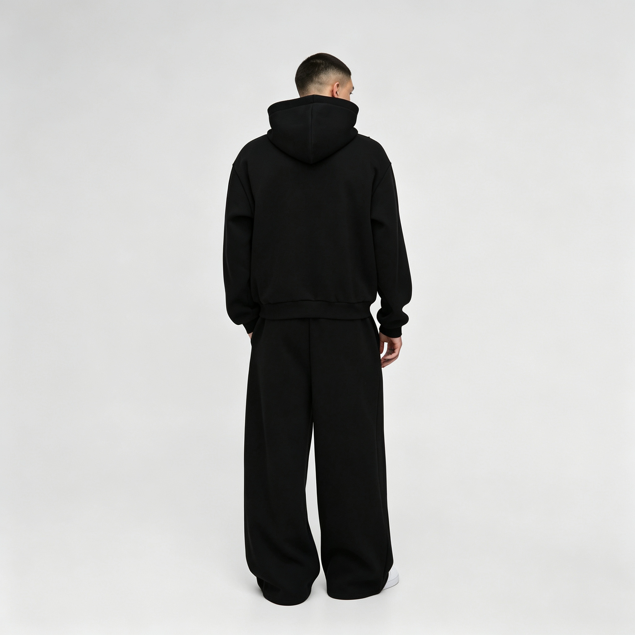 Custom Puff Printing French Terry Full Zip Hoodie Wide Leg Sweatpants 2 Pieces Cotton Blend Black Men's Streetwear Tracksuit Set