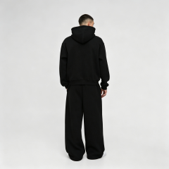 Custom Puff Printing French Terry Full Zip Hoodie Wide Leg Sweatpants 2 Pieces Cotton Blend Black Men's Streetwear Tracksuit Set