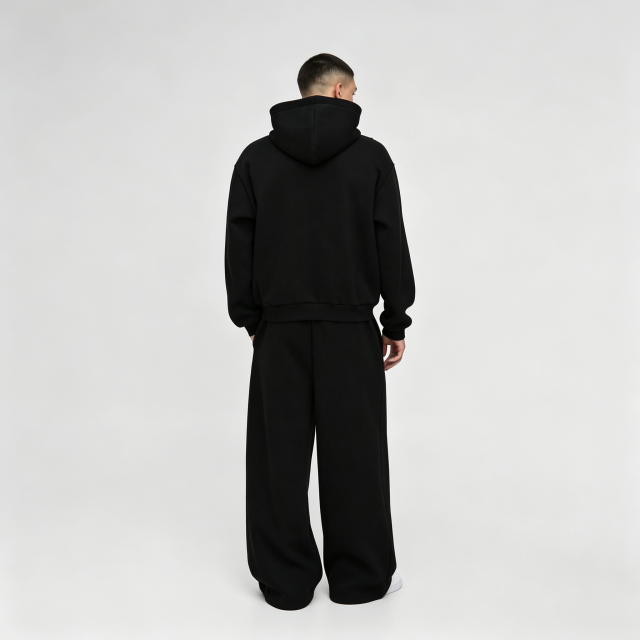 Custom Puff Printing French Terry Full Zip Hoodie Wide Leg Sweatpants 2 Pieces Cotton Blend Black Men's Streetwear Tracksuit Set