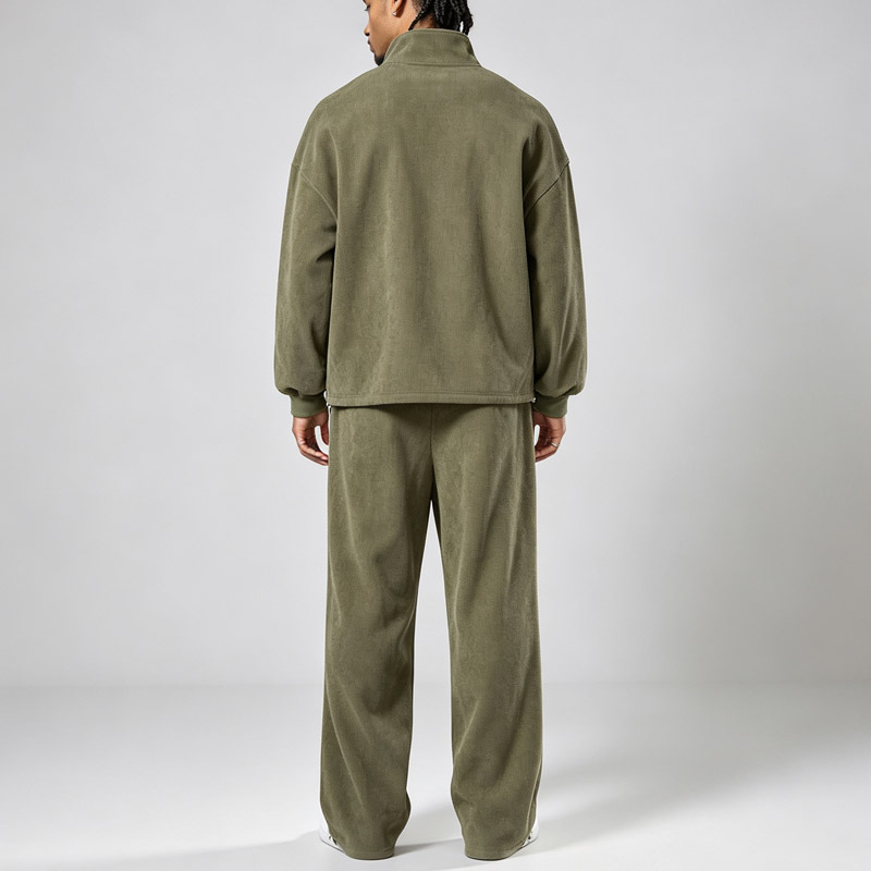 Men Corduroy Casual Two Piece Set Quarter Zip Stand Collar Fleece Lined Sweatshirt Embroidery Loose Fit Streetwear Tracksuit