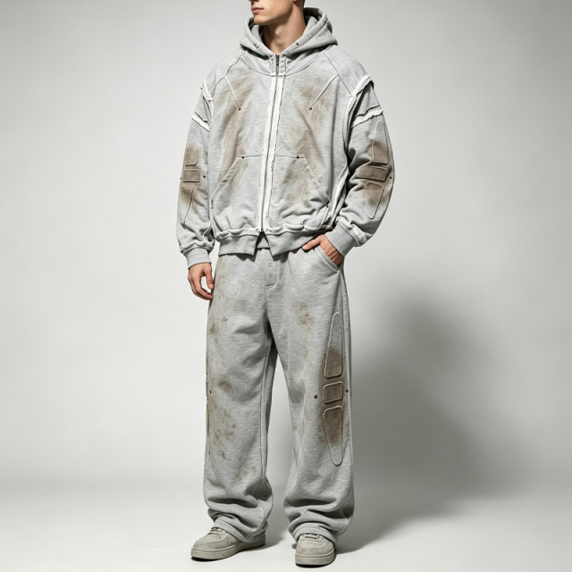 Men's Mud Dye Vintage Tactical Tracksuit Detachable Sleeve Full Zip Hoodie Embossed Heavyweight French Terry Dark Avant Garde