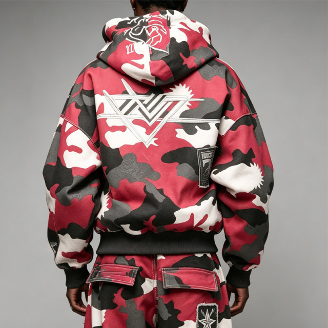 Custom Street Mens Camo Oversized Boxy Fit Full Zip Hoodie DTG Print Embroidery Cargo Pocket Rip Distress Lining Tracksuit