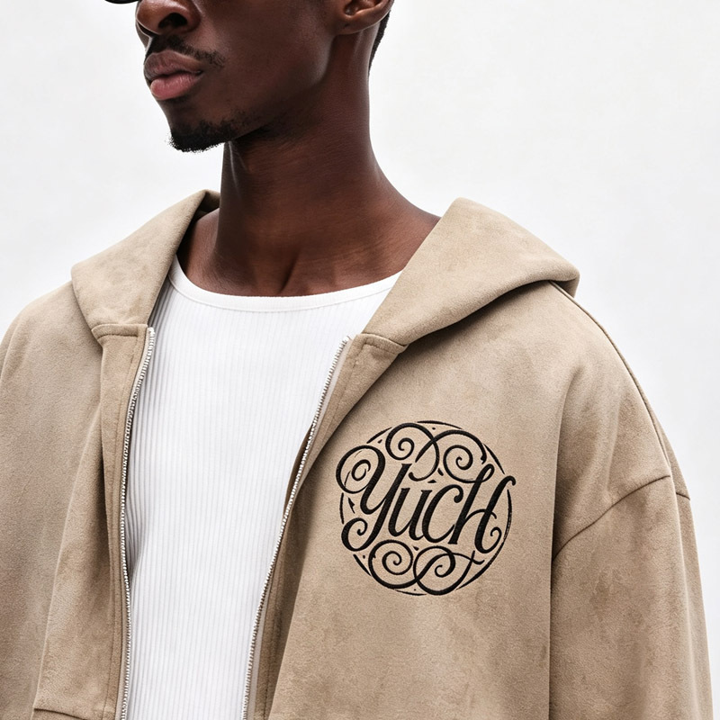 Men Taupe Faux Suede Full Zip Hoodie Tracksuit Oversized Dropped Shoulder Wide Leg Sweatpants Embroidery Two Piece Set