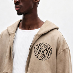 Men Taupe Faux Suede Full Zip Hoodie Tracksuit Oversized Dropped Shoulder Wide Leg Sweatpants Embroidery Two Piece Set