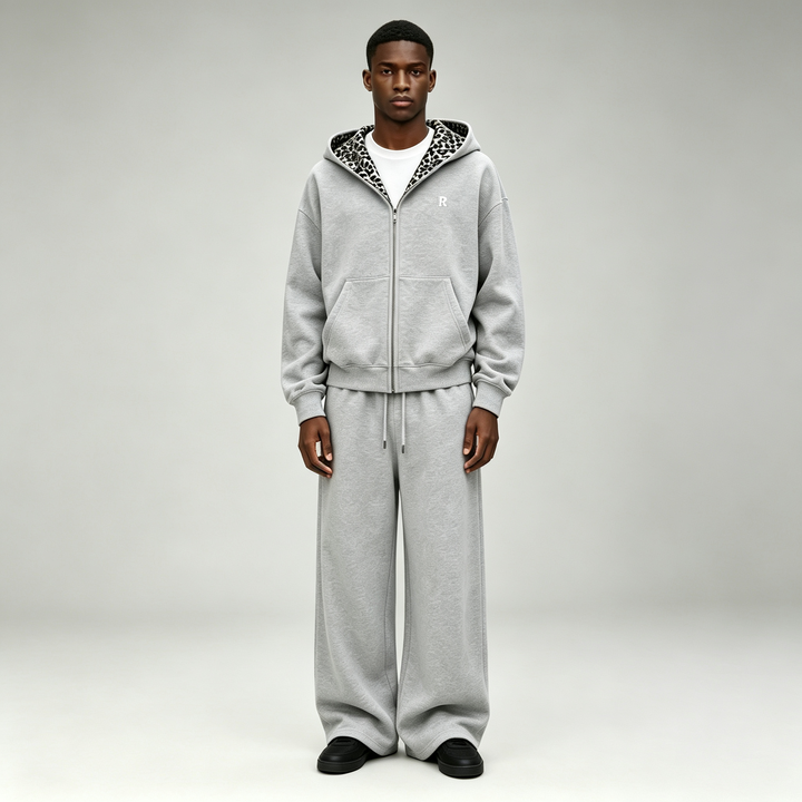 Custom Sets Hoodie Set Leopard Print Lined Heavyweight Fleece Oversized 2 Pieces Streetwear Men's Full Zip up Tracksuit,Leading Custom Apparel Manufacturer | Your Trusted China Sourcing Partner | YC/YUECHI,Custom Cotton / Polyester Leopard Print Lined Heavyweight Fleece Oversized 2 Pieces Streetwear Men's Full Zip up Tracksuit