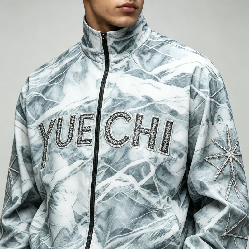 Custom All Over Print Applique Embroidery Full Zip 2 Pieces Stand Collar Wide Leg Woven Men's Lightweight Tracksuit Set