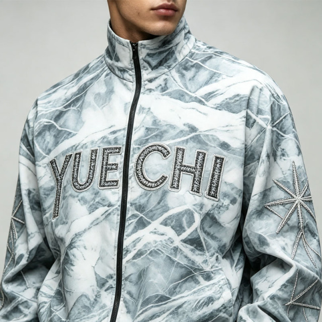 Custom All Over Print Applique Embroidery Full Zip 2 Pieces Stand Collar Wide Leg Woven Men's Lightweight Tracksuit Set