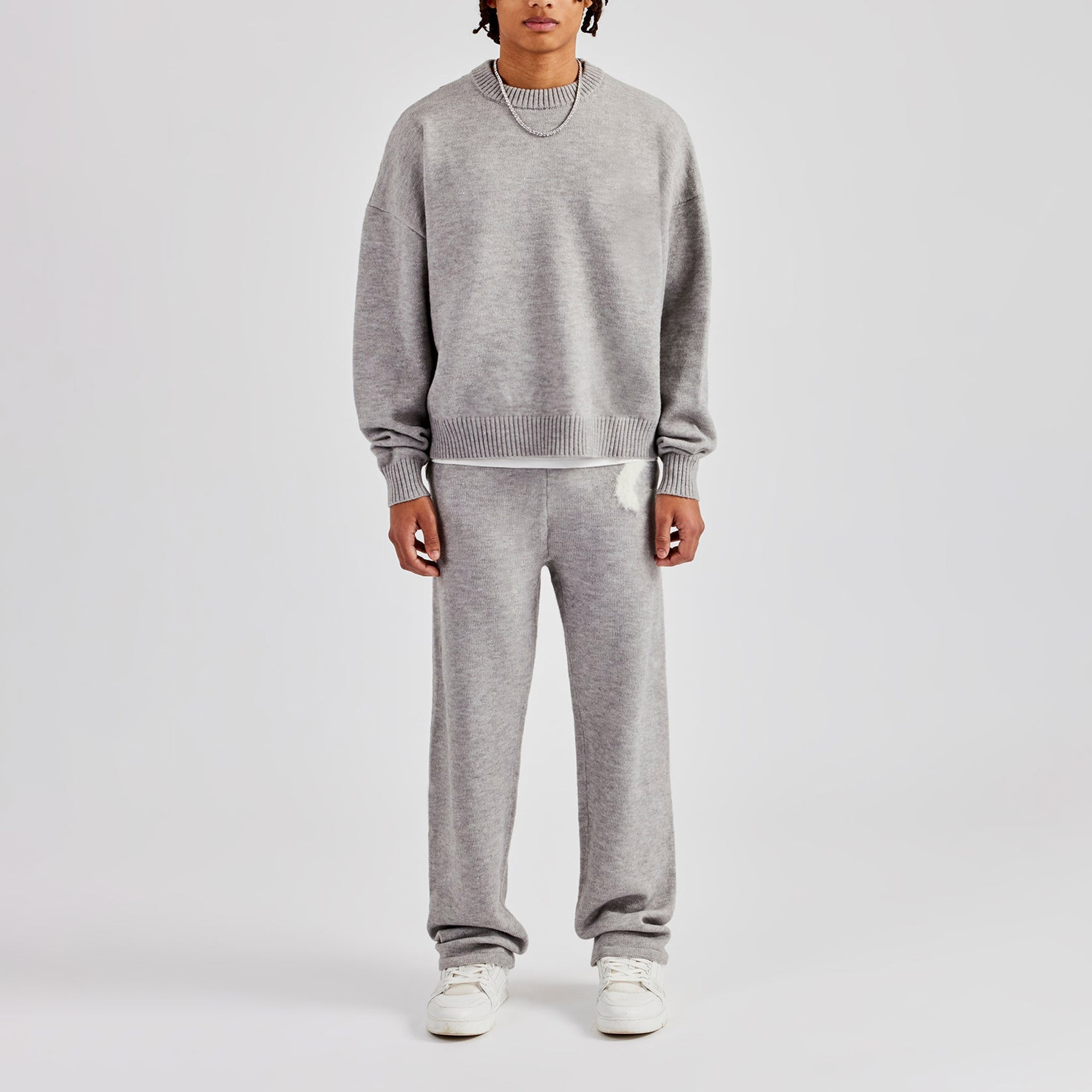 Custom Men Boxy Crew Neck Knit Tracksuit 2 Piece Set Grey Intarsia Knit Oversized Drop Shoulder Straight Leg Sweatpants