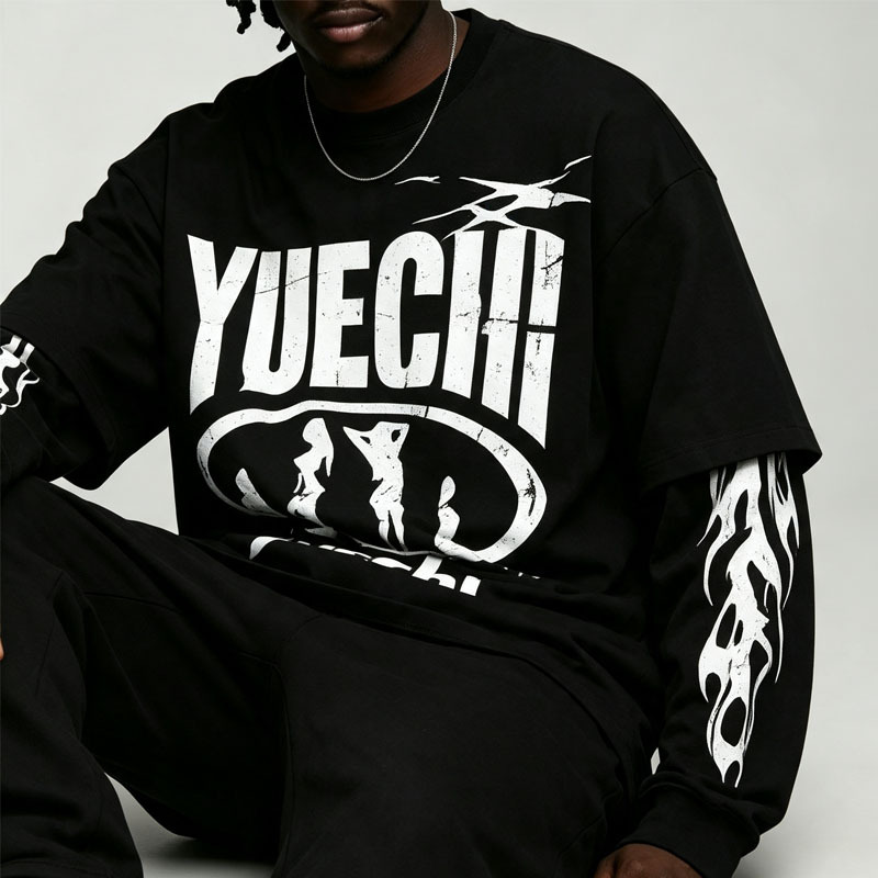 Custom Screen Print Fake Layered Boxy Fit Baggy Wide Leg 2 Pieces Black White Cotton Apparel Men's Streetwear Tracksuit Set