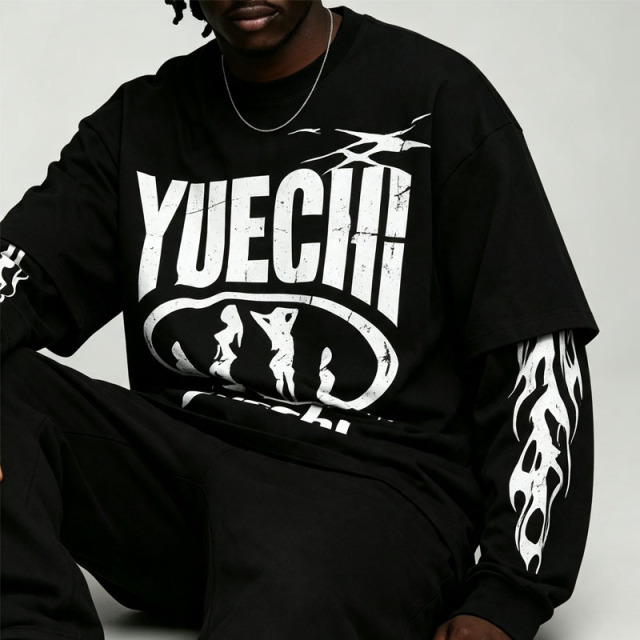 Custom Screen Print Fake Layered Boxy Fit Baggy Wide Leg 2 Pieces Black White Cotton Apparel Men's Streetwear Tracksuit Set
