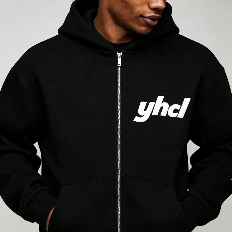 Custom Puff Printing 2 Pieces Full Zip up Hooded Boxy Fit Wide Leg Black Cotton Fleece Urban Men's Tracksuit Set