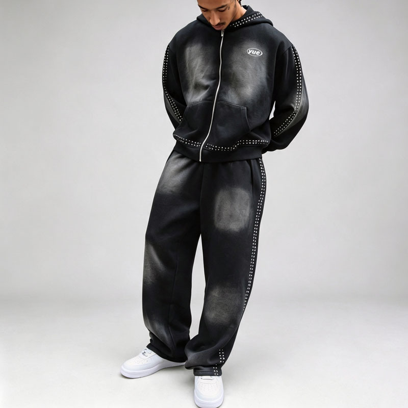 Custom Sun Faded Studded Rivet Boxy Fit 2 Pieces Full Zip up Baggy Wide Leg Urban Streetwear Men's 100% Cotton Tracksuit