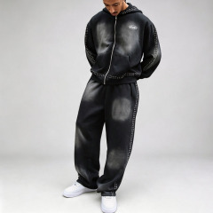 Custom Sun Faded Studded Rivet Boxy Fit 2 Pieces Full Zip up Baggy Wide Leg Urban Streetwear Men's 100% Cotton Tracksuit