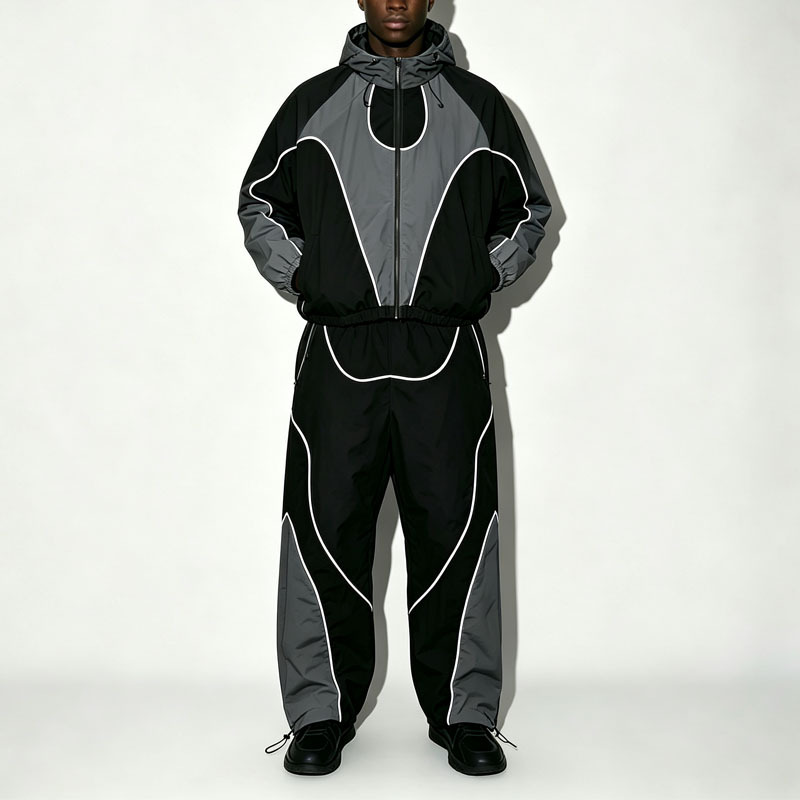 Custom Mens Color Block Contrast Piping Windbreaker Tracksuit Nylon Polyester Zip up Hooded Jacket and Wide Leg Pant Set