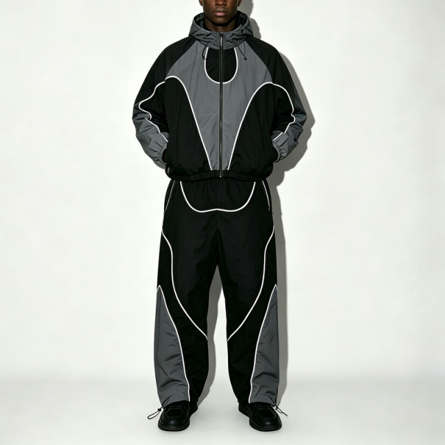 Custom Mens Color Block Contrast Piping Windbreaker Tracksuit Nylon Polyester Zip up Hooded Jacket and Wide Leg Pant Set