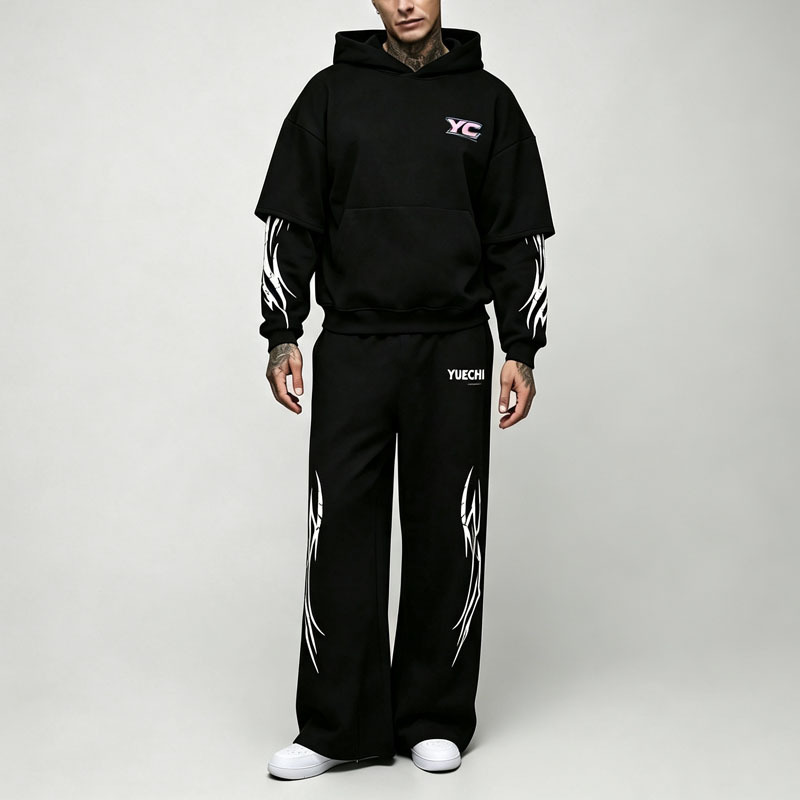 Custom Screen Print Faux Layer Boxy Wide Leg 100% Cotton French Terry 2 Pieces Black Men's Streetwear Tracksuit Set