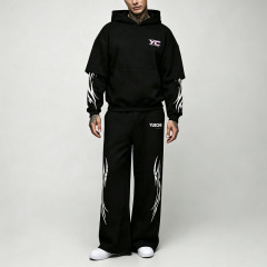 Custom Screen Print Faux Layer Boxy Wide Leg 100% Cotton French Terry 2 Pieces Black Men's Streetwear Tracksuit Set