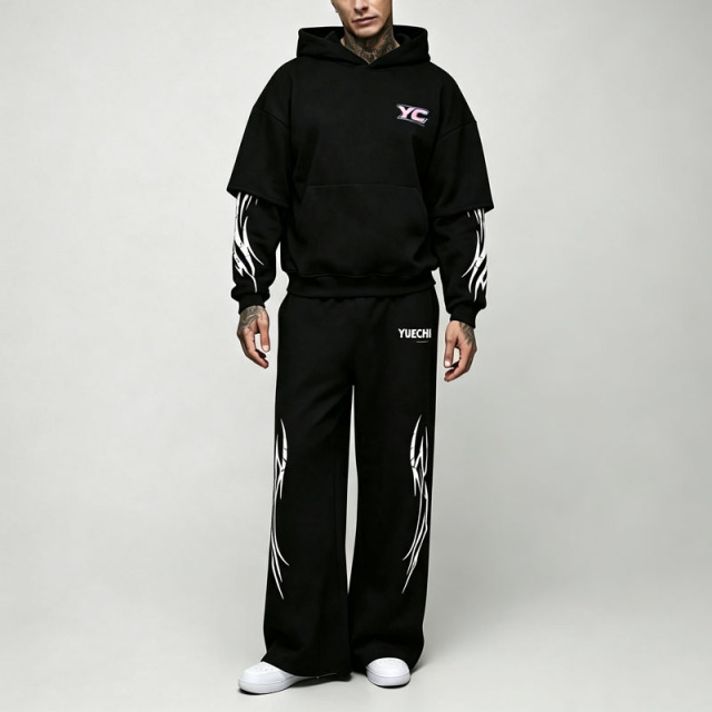 Custom Screen Print Faux Layer Boxy Wide Leg 100% Cotton French Terry 2 Pieces Black Men's Streetwear Tracksuit Set