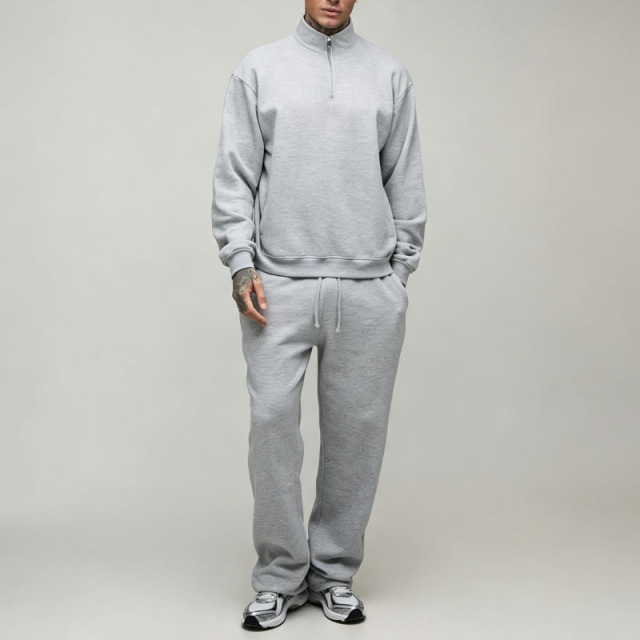 Custom Men's Oversized Boxy Quarter Zip Sweatshirt Straight Leg Jogger Tracksuit Heavyweight 100% Cotton Fleece Two Piece Set
