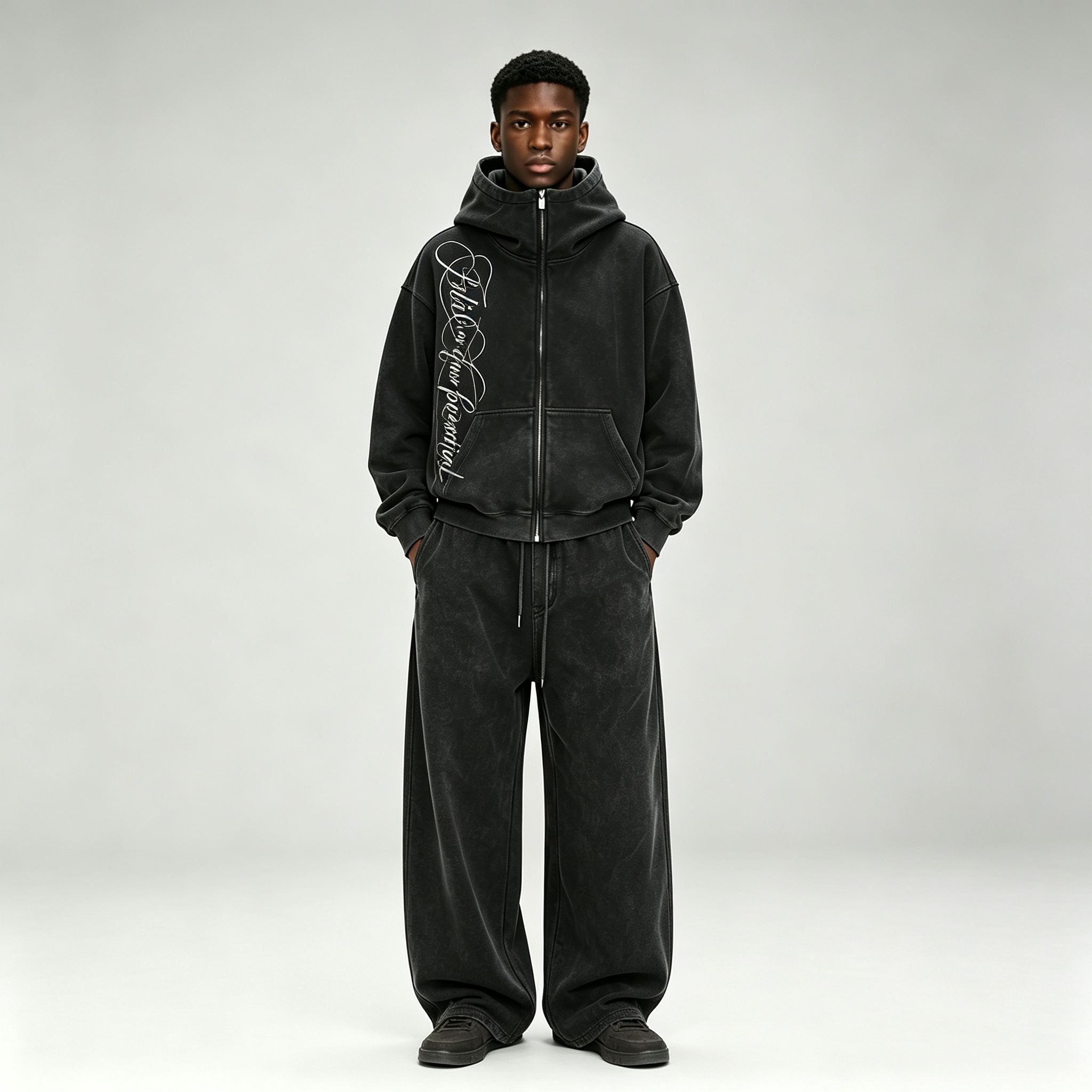 Custom Sets Acid Wash Embroidery Full Zip up Hoodie Set Boxy Baggy Grey Fleece Apparel Men's Heavyweight Tracksuit,Leading Custom Apparel Manufacturer | Your Trusted China Sourcing Partner | YC/YUECHI,Custom Acid Wash Embroidery Full Zip up 60% Cotton 40% Polyester Boxy Baggy Grey Fleece Apparel Men's Heavyweight Tracksuit