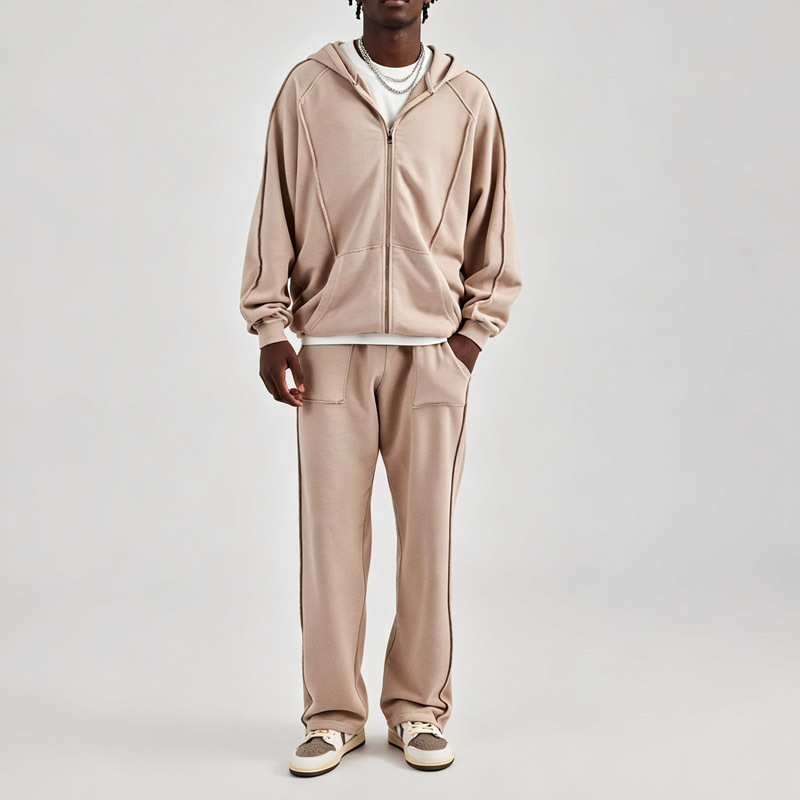 Men Oversized Full Zip up Tracksuit Stone Wash Raw Edge Seam 100% Cotton French Terry Drop Shoulder Wide Leg Sweatpants