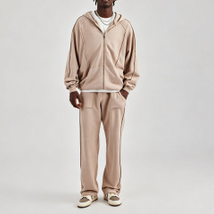 Men Oversized Full Zip up Tracksuit Stone Wash Raw Edge Seam 100% Cotton French Terry Drop Shoulder Wide Leg Sweatpants
