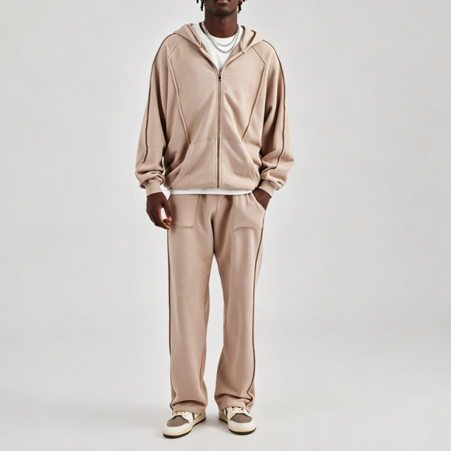 Men Oversized Full Zip up Tracksuit Stone Wash Raw Edge Seam 100% Cotton French Terry Drop Shoulder Wide Leg Sweatpants