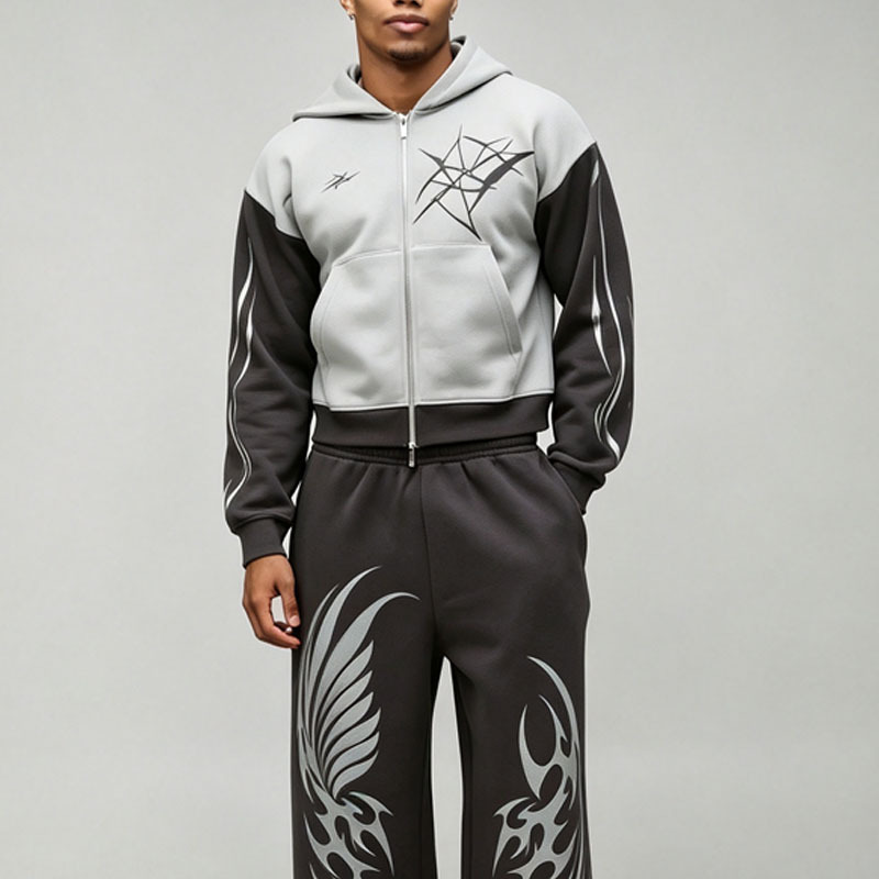 Custom Shrunken Gothic Zip Extreme Wide Leg 2 Pieces Heather Grey Charcoal Polyester High Quality Men's Embroidery Tracksuit