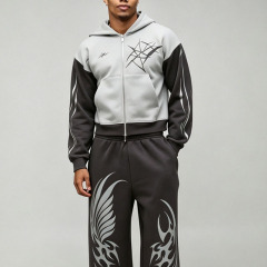 Custom Shrunken Gothic Zip Extreme Wide Leg 2 Pieces Heather Grey Charcoal Polyester High Quality Men's Embroidery Tracksuit