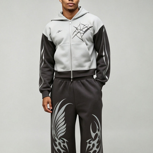 Custom Shrunken Gothic Zip Extreme Wide Leg 2 Pieces Heather Grey Charcoal Polyester High Quality Men's Embroidery Tracksuit