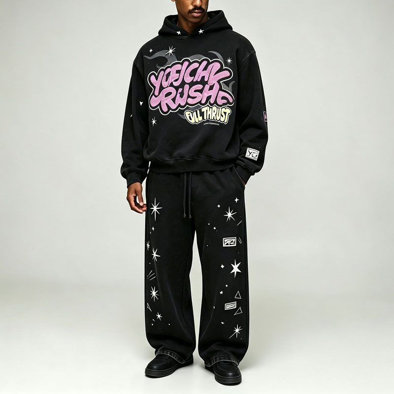Custom Puff Screen Printing 2 Pieces Boxy Fit Baggy Wide Leg Black Cotton Fleece Urban Men's Graffiti Tracksuit Set