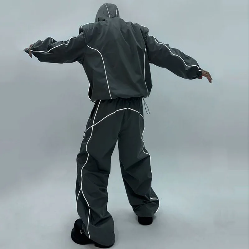 Custom Polyester Zip up Blank Oversized Tracksuit Reflective Waterproof Windproof Nylon Jacket and Track Pants Jogger Sets