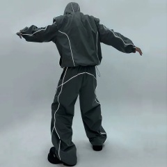 Custom Polyester Zip up Blank Oversized Tracksuit Reflective Waterproof Windproof Nylon Jacket and Track Pants Jogger Sets