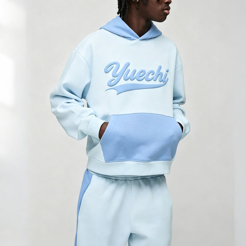 Custom Puff Printing 2 Pieces Contrast Color Panel French Terry Boxy Fit Sky Blue Streetwear Men's 100% Cotton Tracksuit Set