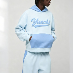 Custom Puff Printing 2 Pieces Contrast Color Panel French Terry Boxy Fit Sky Blue Streetwear Men's 100% Cotton Tracksuit Set